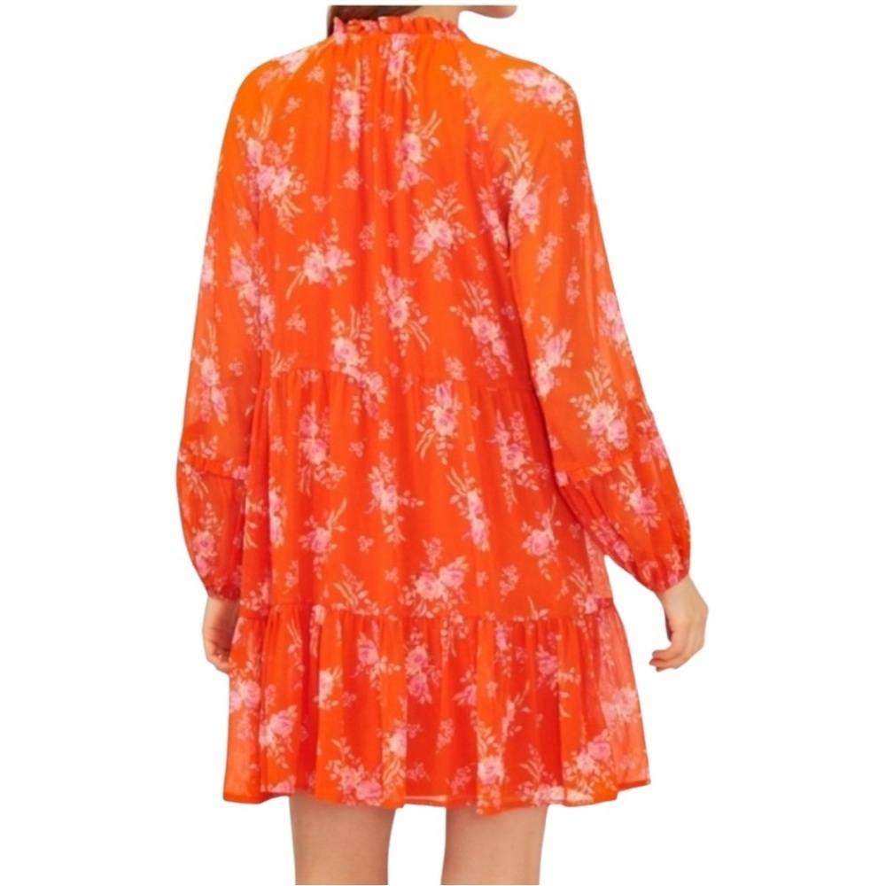 Floral Orange V-Neck Feminine Long Sleeve Midi Dress Wedding Guest Large - Picture 13 of 15